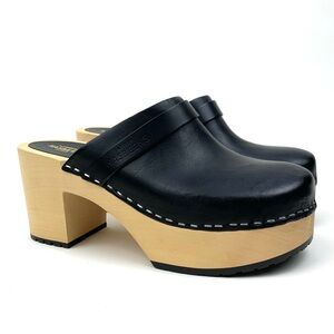 Swedish Hasbeens Clog Louise Black Leather Platform Wood Heel Slip On Size 39